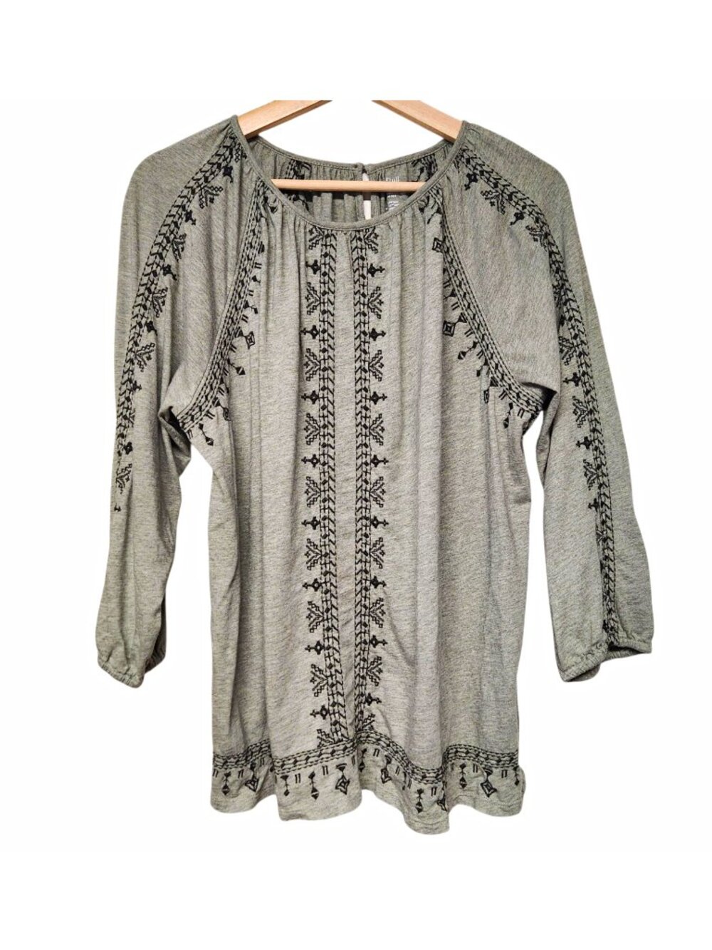 Pure Jill Embroidered Peasant Top Gray Round Neck 3/4 Sleeve Size L (14) Boho